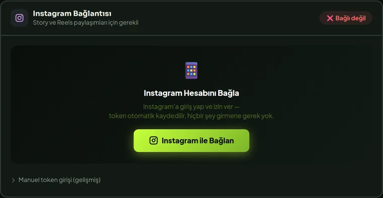ShopToStory panelinde Instagram hesabı bağlama kartı